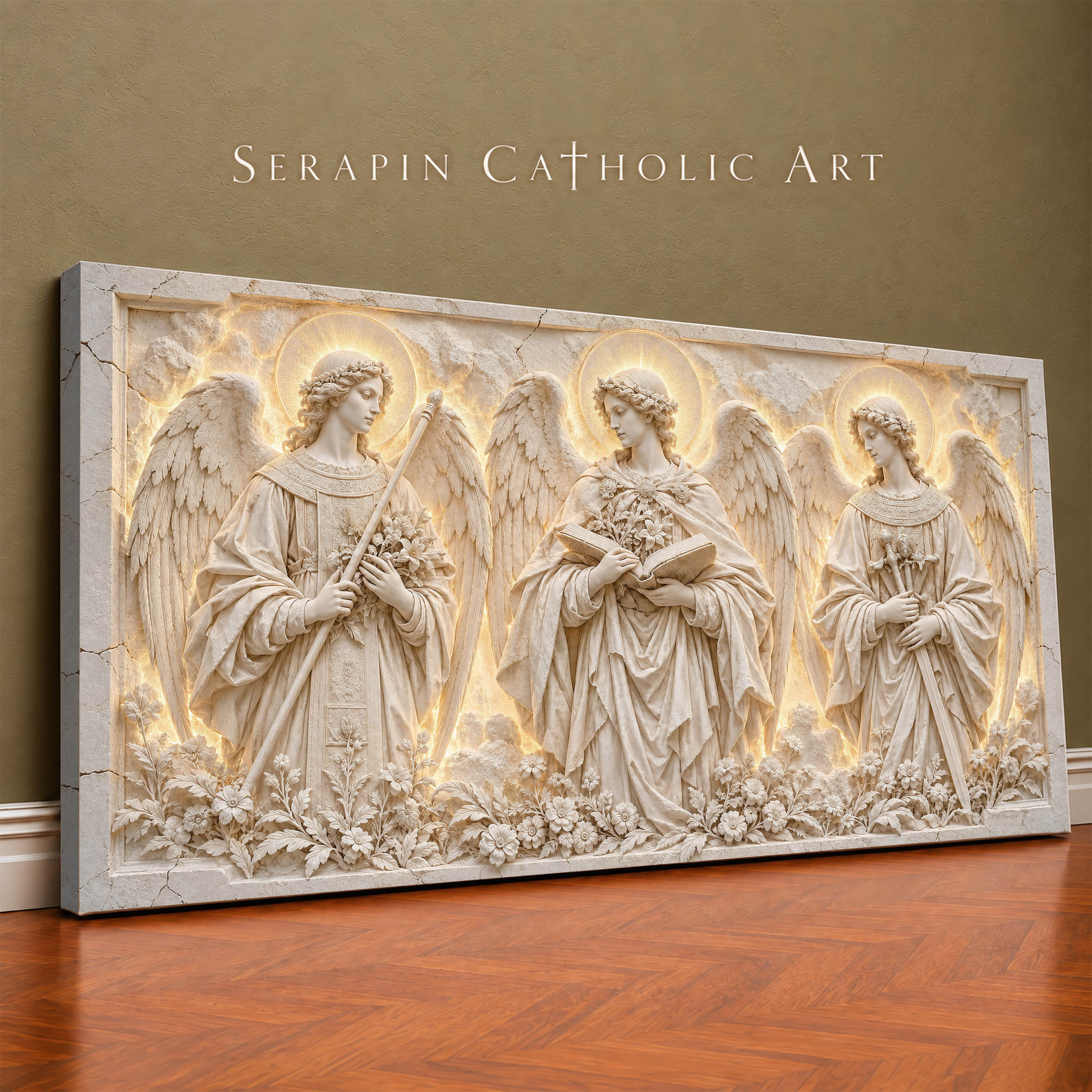 Archangels Michael Gabriel and Raphael 2 — original Catholic art by M.P. Serapin