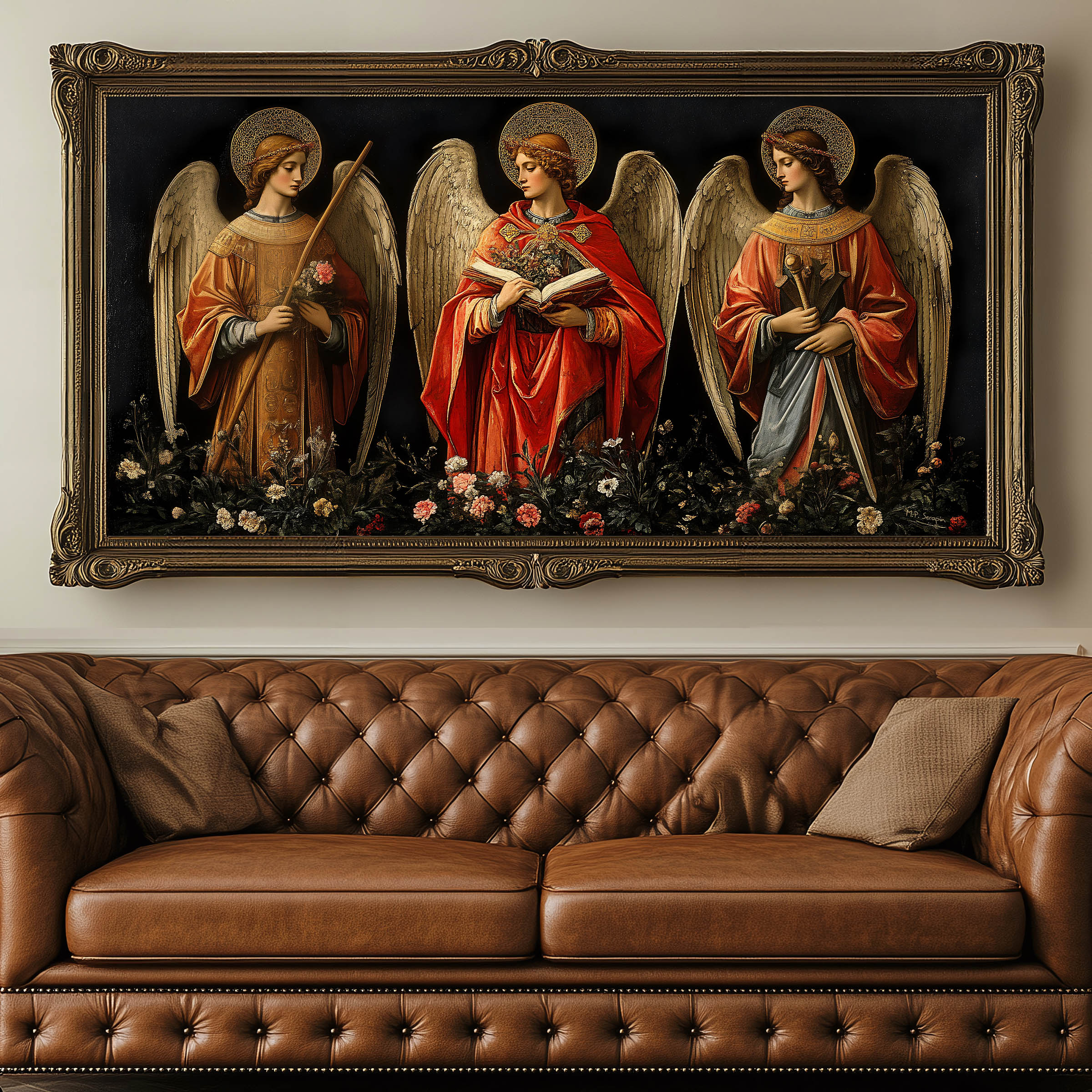 Archangels Michael Gabriel and Raphael — original Catholic art by M.P. Serapin