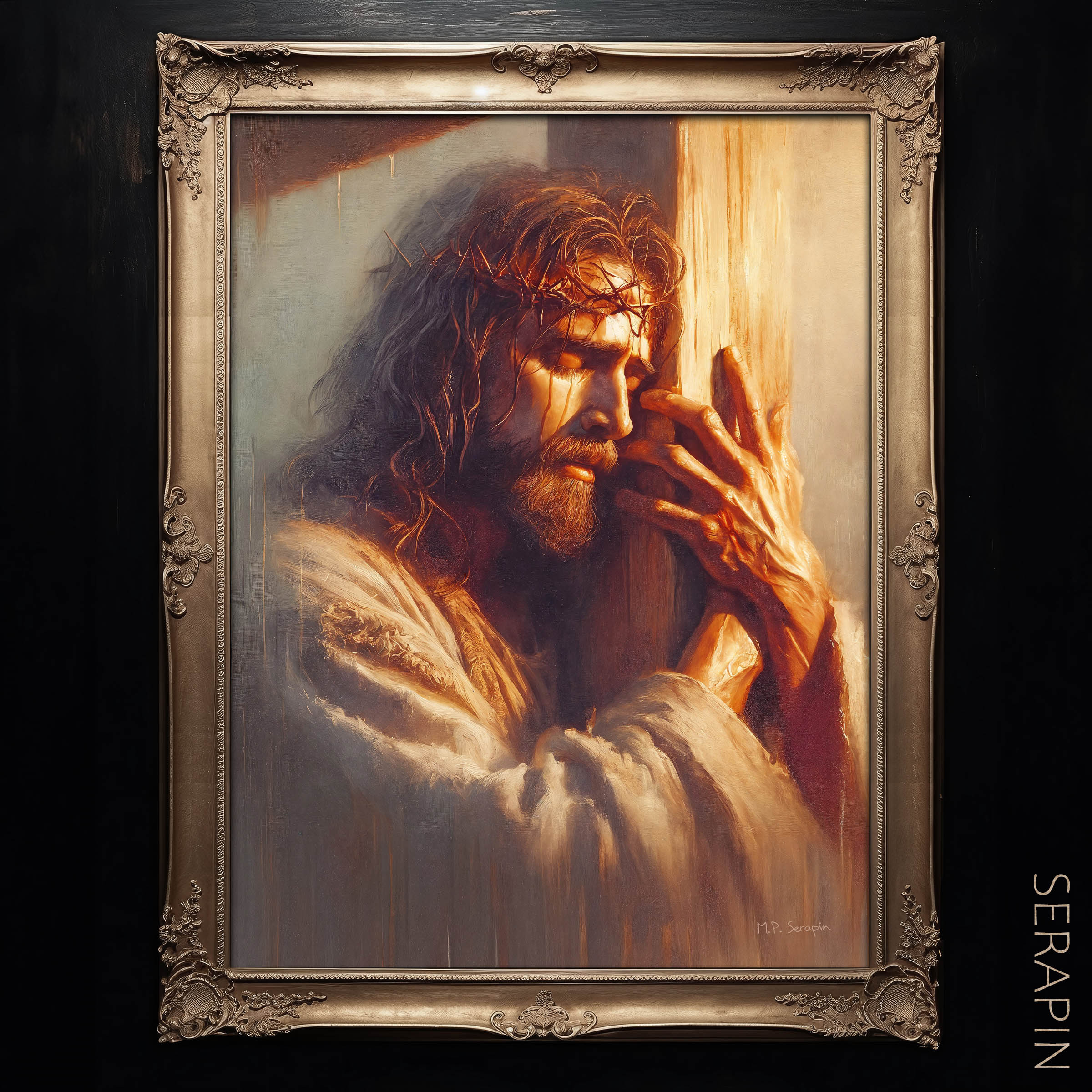 Jesus Embraces The Cross — original Catholic art by M.P. Serapin