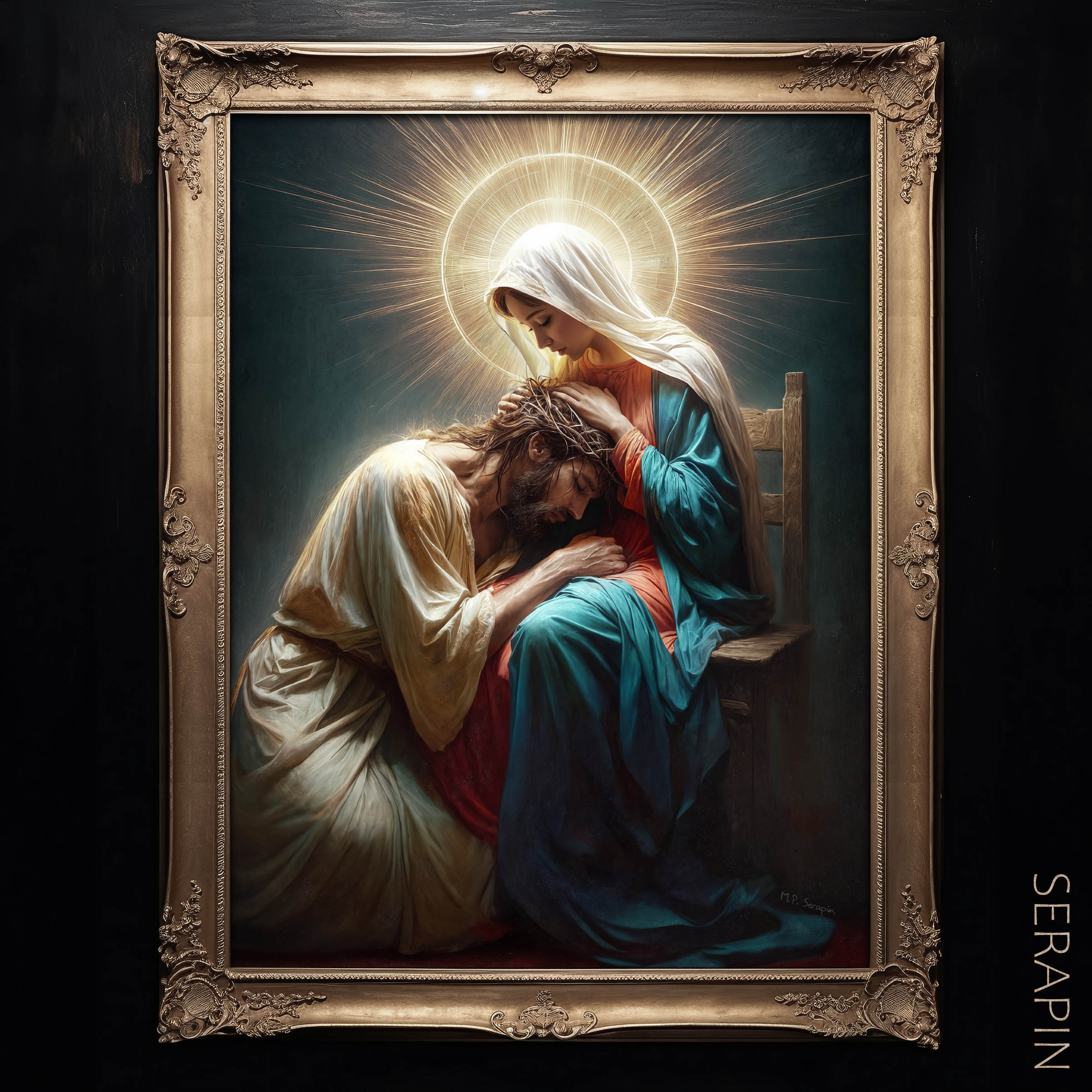 The Mother Comforts Her Son — original Catholic art by M.P. Serapin